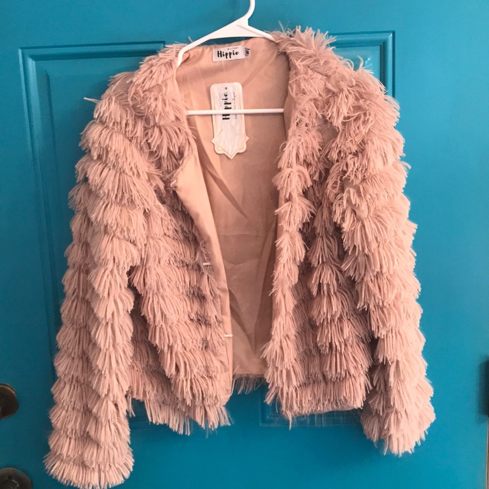 Blush fringe fur jacket